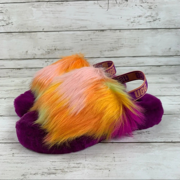 Ugg Fluff Yeah Tie Dye Slides Fluffy Slippers Orange Yellow Purple Logo - Picture 1 of 8